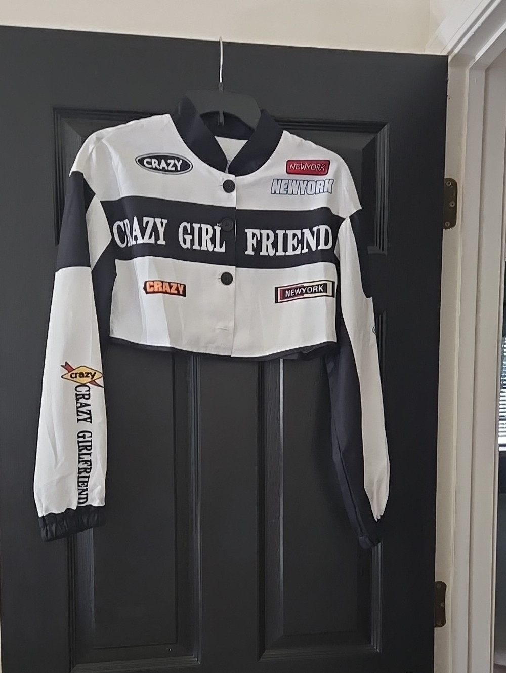 SHEIN Black & White Cropped Varsity Jacket with Graphic Patches